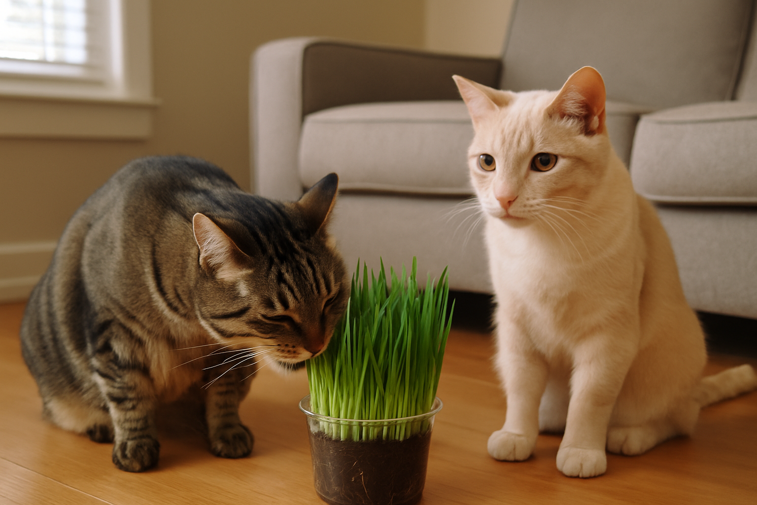 One cat eating cat grass while another looks on.