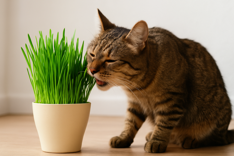 Cat eating cat grass