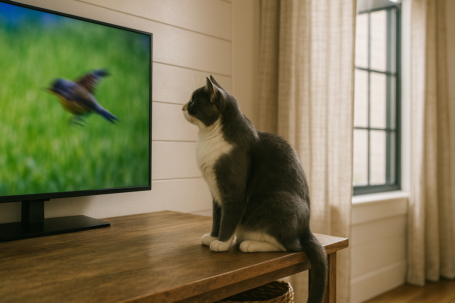 Cat watching a bird fly away on a television.