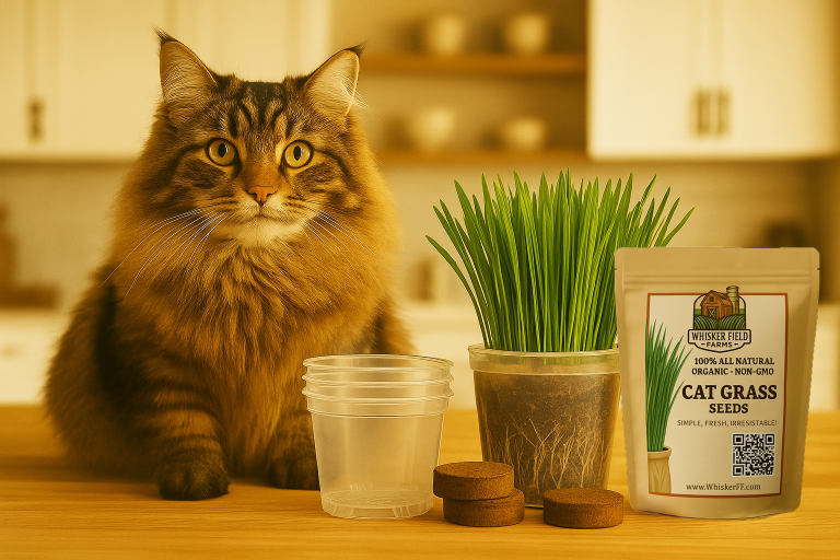 Cat sitting beside a cat grass grow kit from Whisker Field Farms.